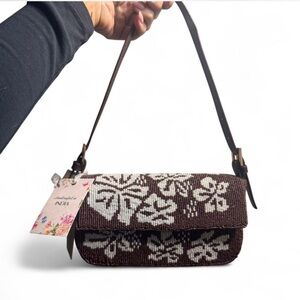 Made in India Brown Tropical Beaded Bag with Leather Adjustable Strap